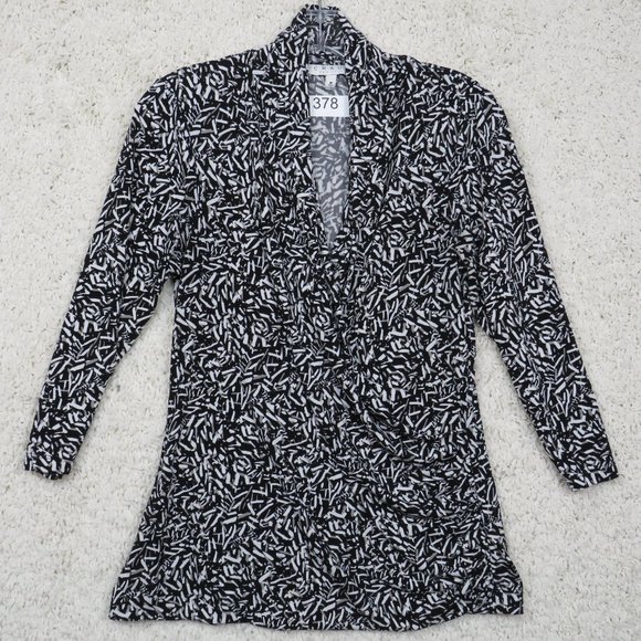 CHAUS* Women's Draped Low V-Neck Long Sleeve Blouse Medium~Black & White Pattern - Picture 1 of 8